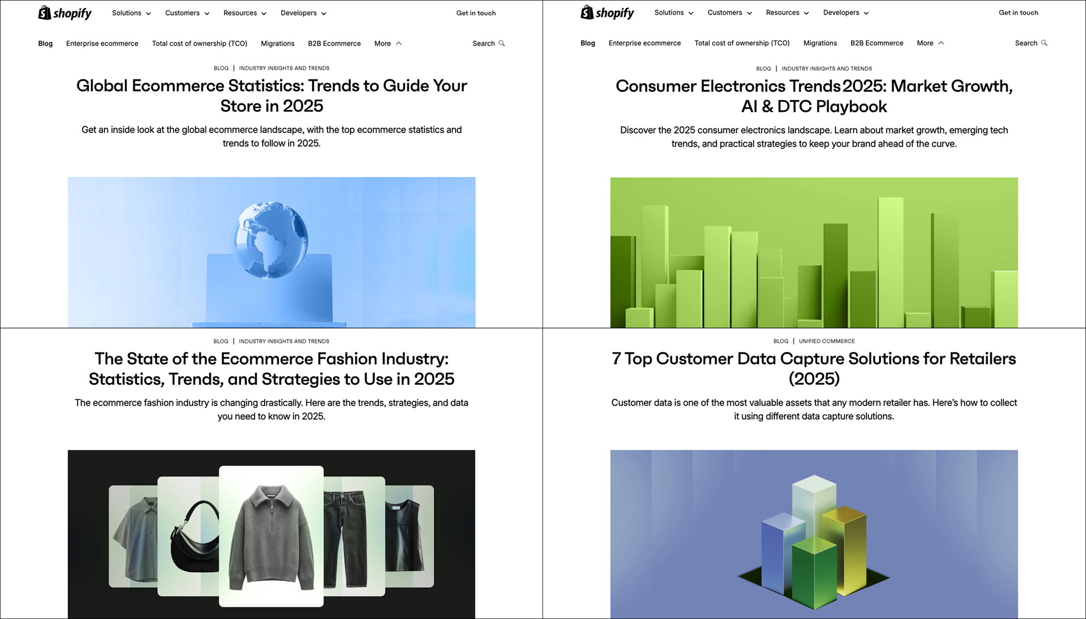 Shopify blog showing 2025 ecommerce trend articles.