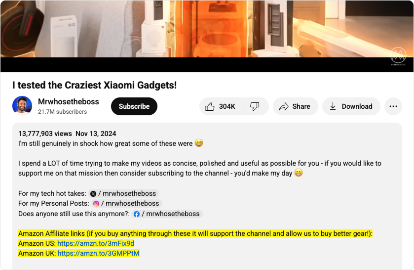 Affiliate marketing example showing a YouTube video description with Amazon affiliate links highlighted.