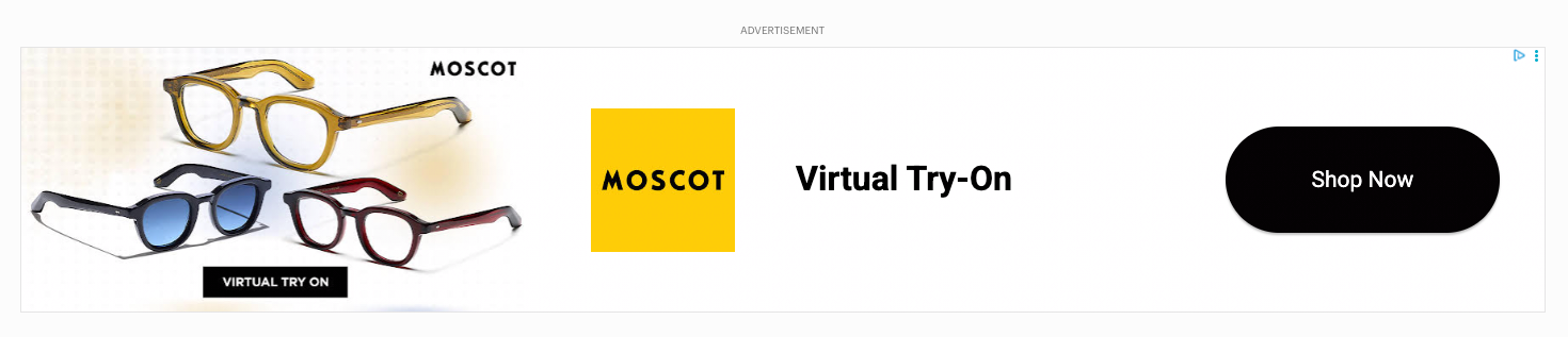 isplay advertising example showing a MOSCOT banner ad with virtual try-on glasses.