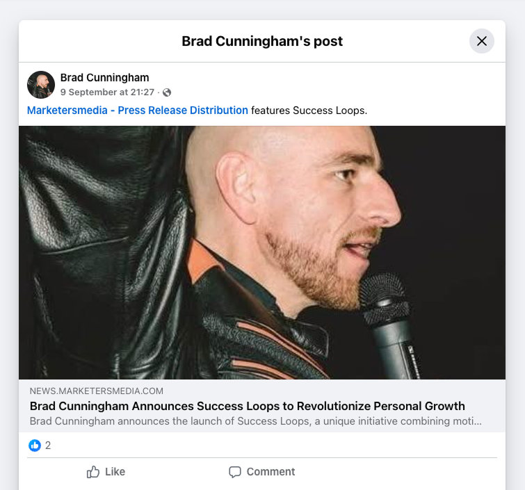 Screenshot of press release being shared on Facebook to amplify coverage.