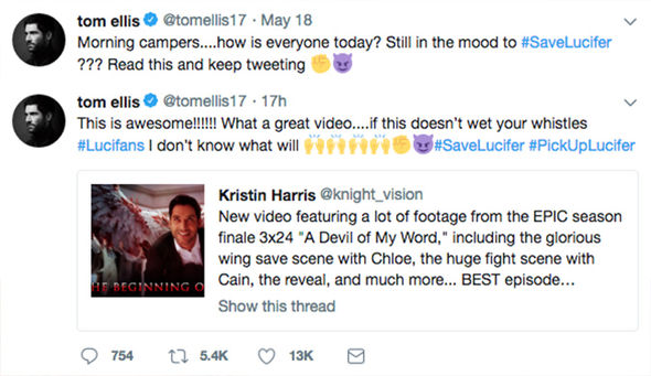 Screenshot of actor Tom Ellis’s tweets supporting the #SaveLucifer campaign, encouraging fans to keep tweeting and sharing a fan-made video from the show’s finale.
