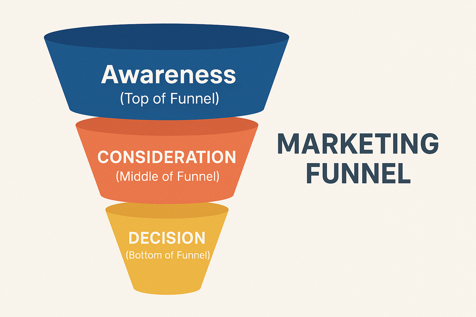 Marketing funnel with awareness, consideration, and decision stages.