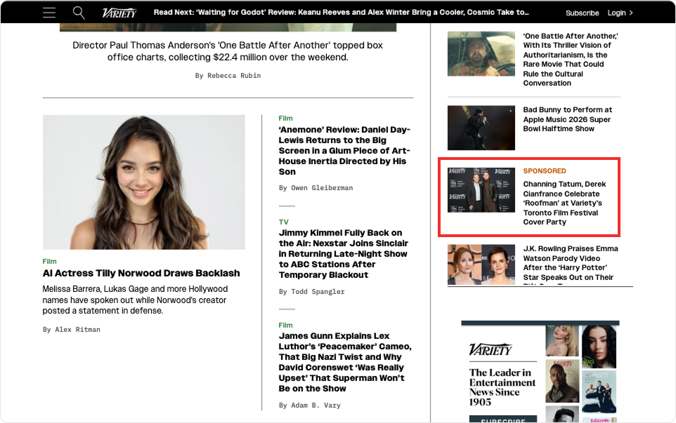 Native advertising example on Variety’s website with a sponsored article.