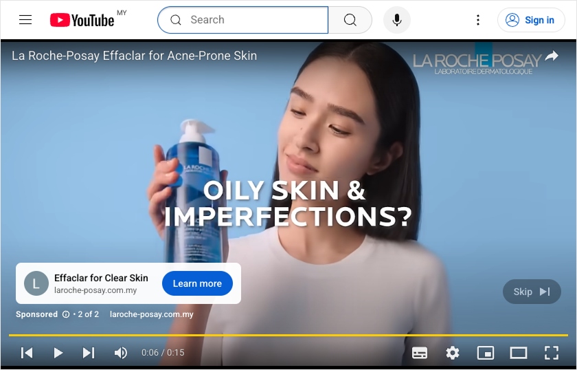 Video advertising example showing a YouTube ad for La Roche-Posay skincare.