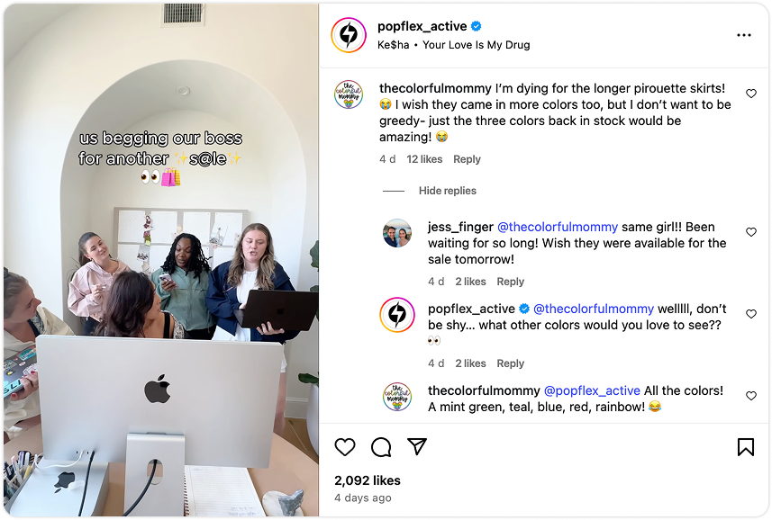 Popflex team engaging with followers on Instagram by responding to comments.