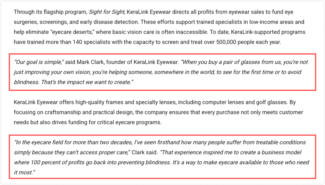Example of nonprofit press release quotes from the KeraLink Eyewear founder about the mission and personal experience.
