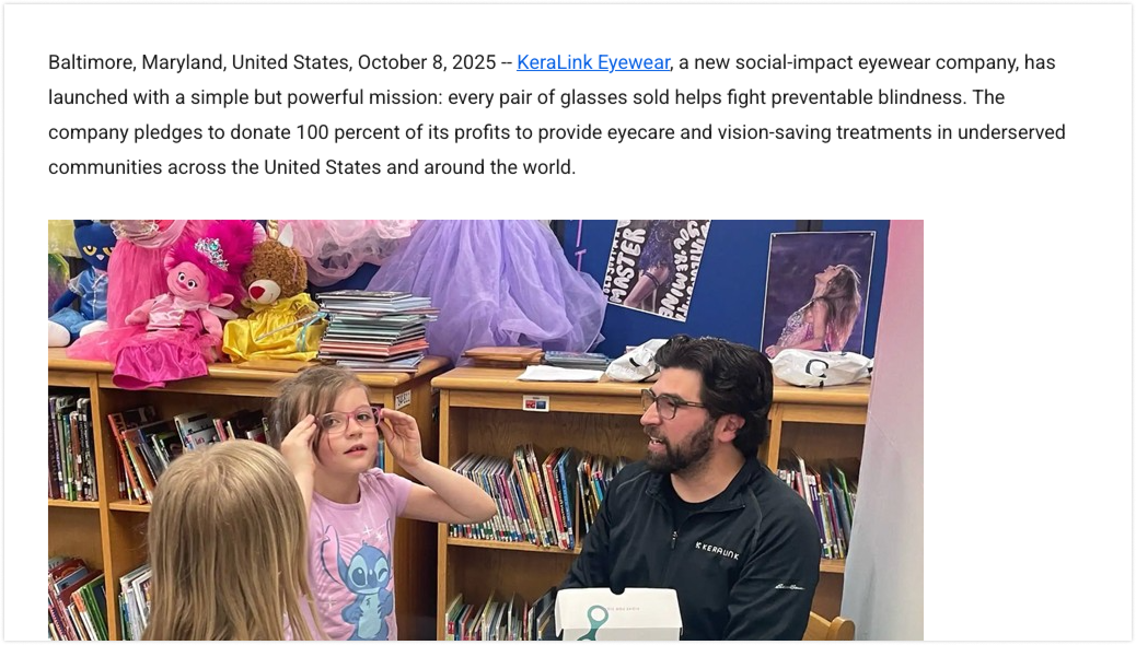 Example of a nonprofit program photo showing a child trying on glasses with support from a KeraLink Eyewear specialist in a classroom setting.