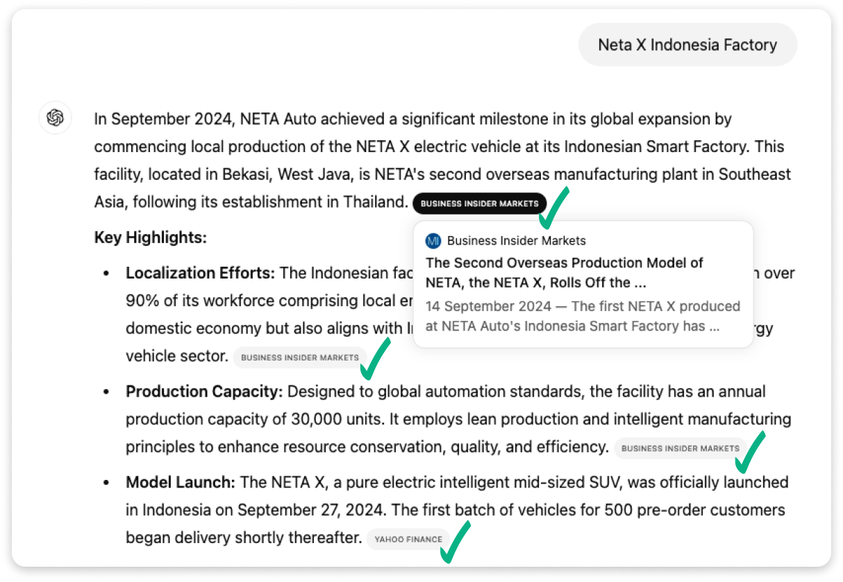 A ChatGPT response citing a Business Insider press release about NETA Auto's new manufacturing plant in Indonesia.