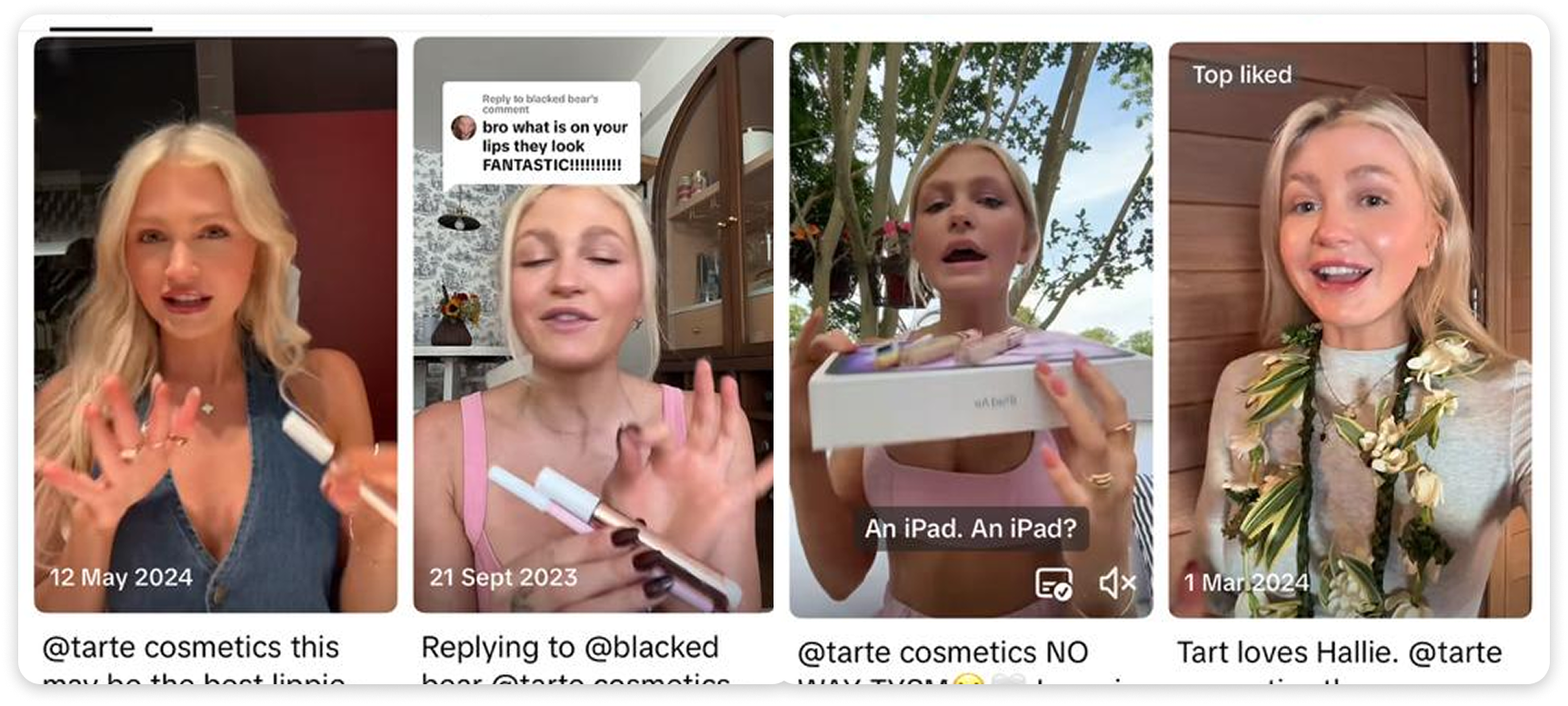 Screenshots showing a beauty influencer receiving and reacting to PR packages from Tarte Cosmetics across different dates.