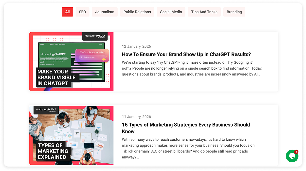 Blog listing page showing recent marketing articles on SEO, AI visibility, and marketing strategies.