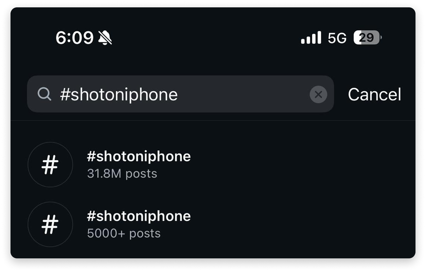 Search results showing the hashtag #shotoniphone with millions of posts on a social media app.