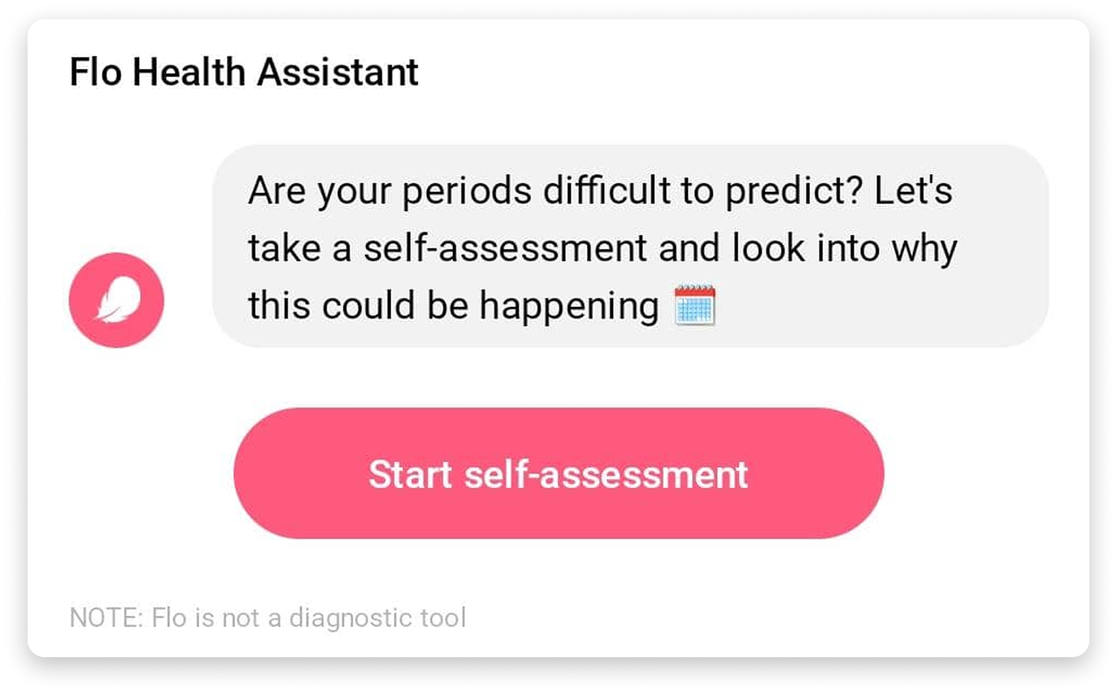 Flo Health Assistant prompt offering a self-assessment for irregular periods with a Start self-assessment button.