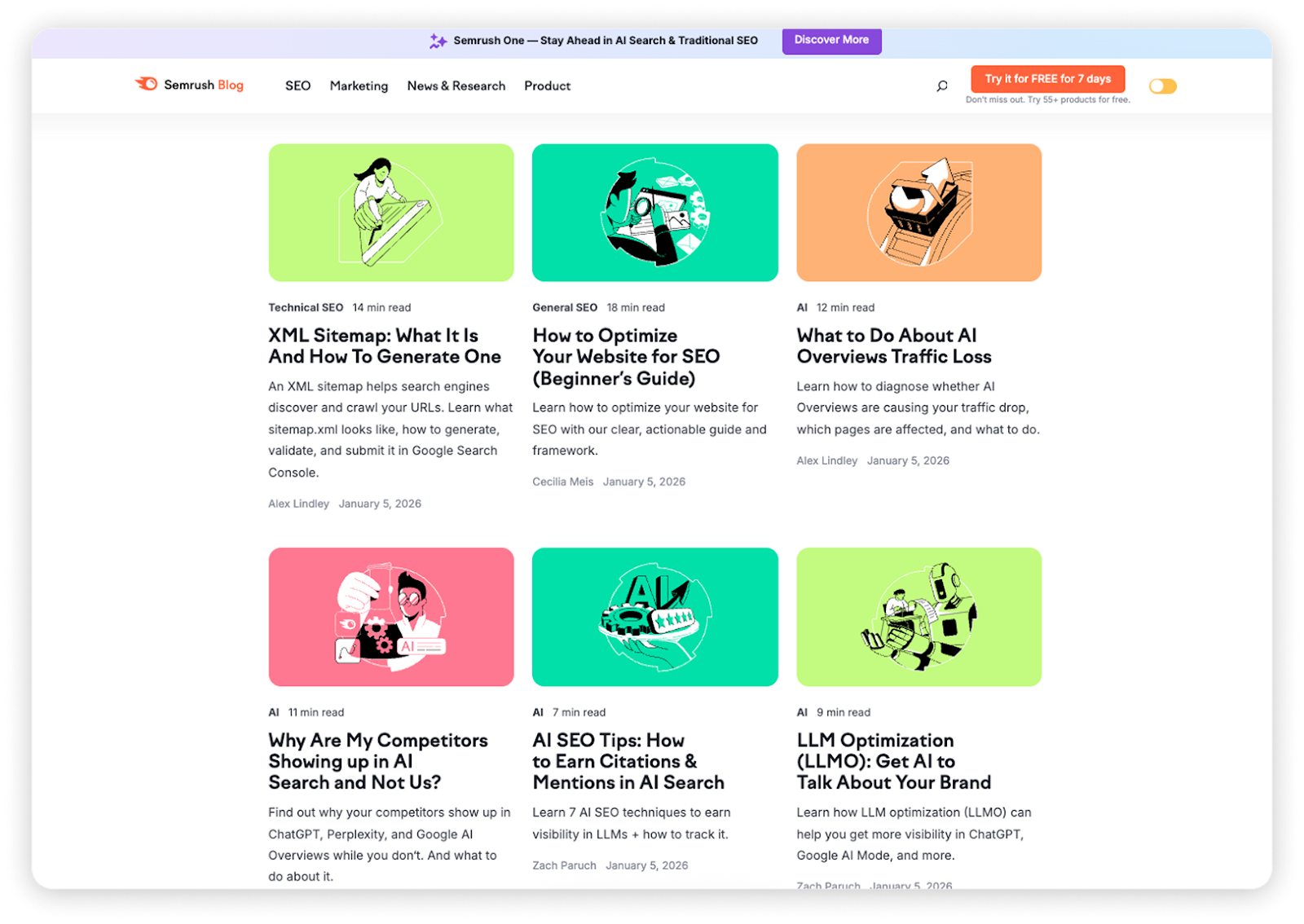 Blog homepage showing educational articles that explain SEO and AI topics through structured, topic-focused content.