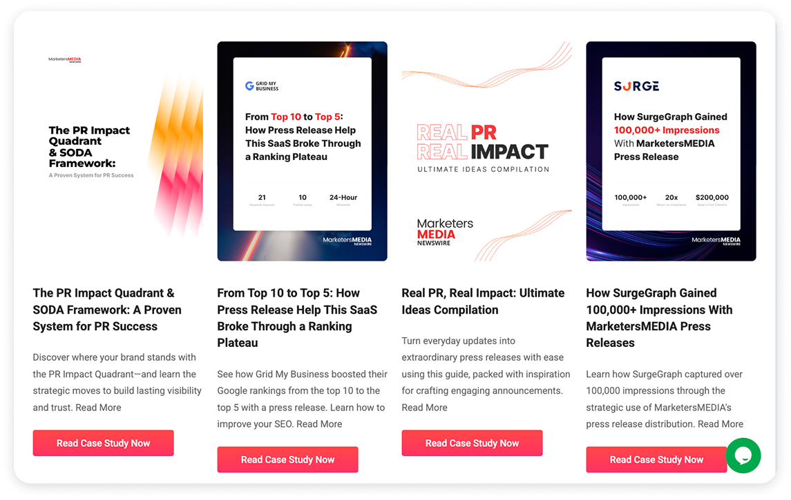 Screenshot of the MarketersMEDIA case studies page showing multiple PR case study cards, including examples from Grid My Business and SurgeGraph.