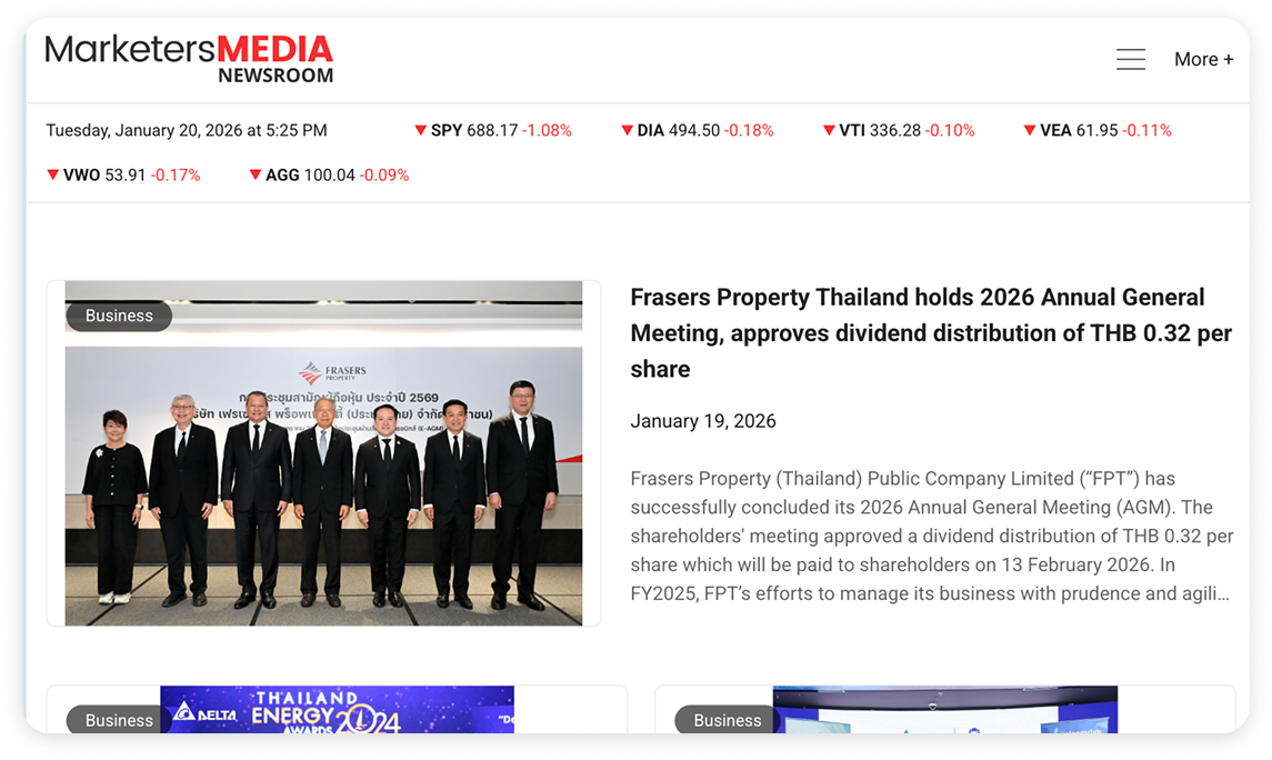 Screenshot of the MarketersMEDIA Newsroom homepage showing business and regional news stories grouped by category and audience relevance.