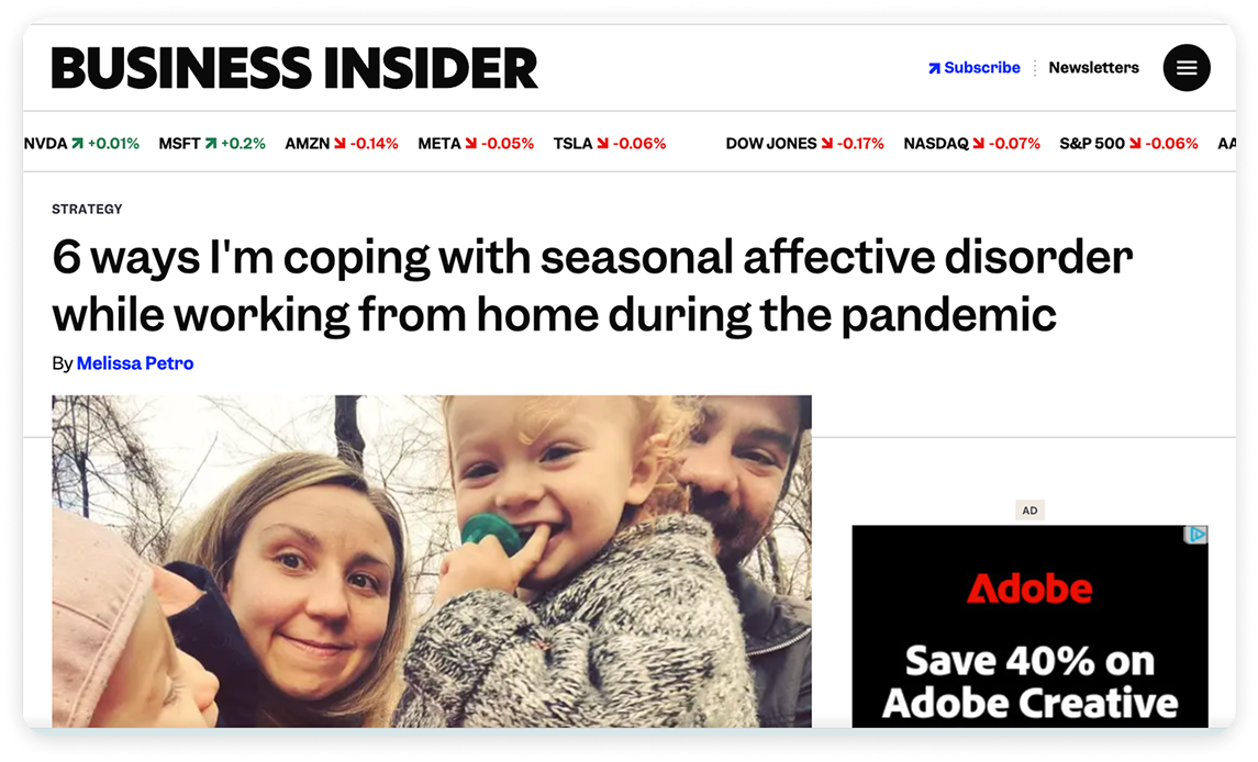 A Business Insider article on coping with seasonal affective disorder while working from home during the height of pandemic-era remote work.