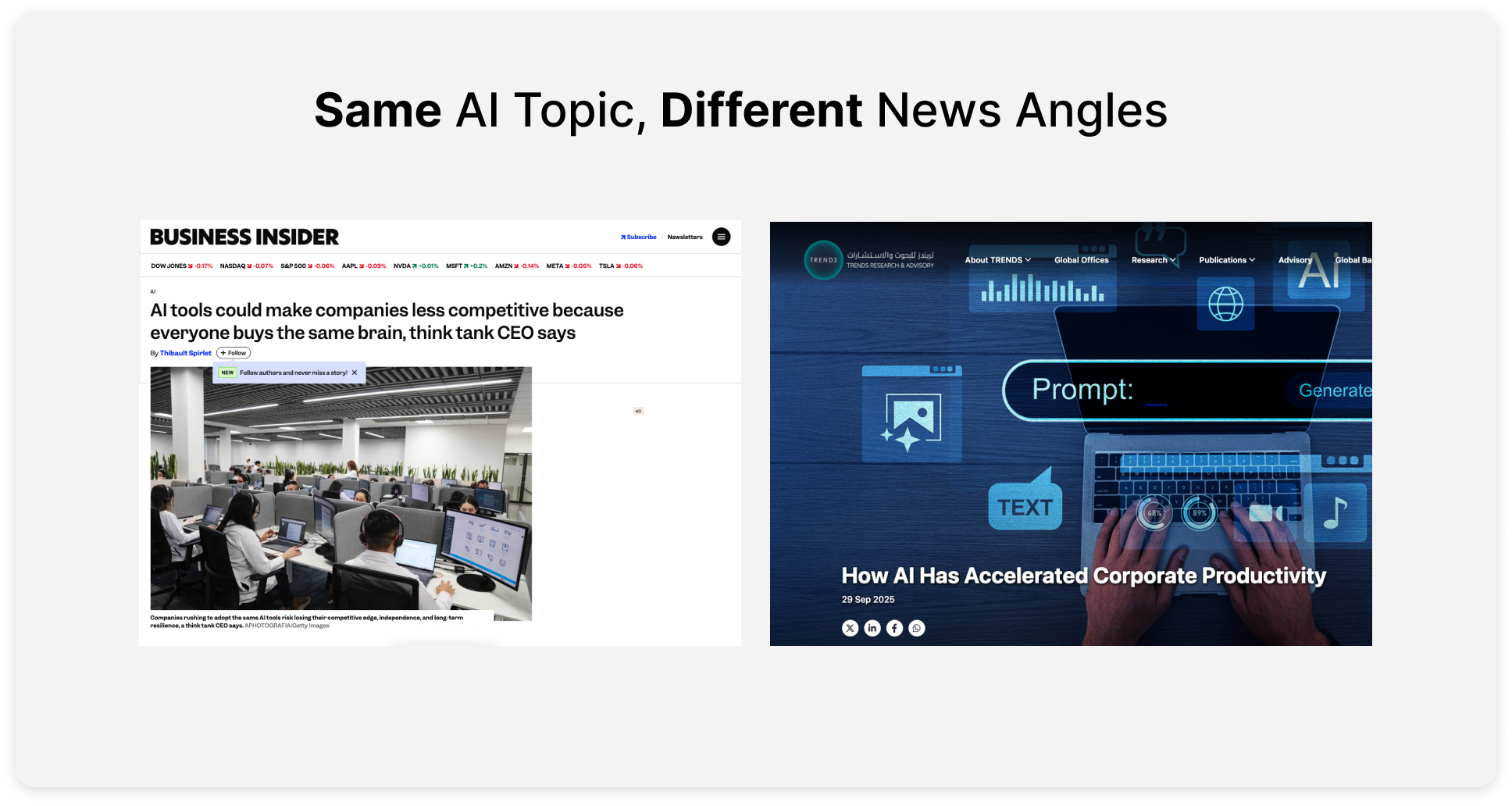 Side-by-side comparison showing two articles about artificial intelligence, one highlighting how AI tools may reduce competitiveness and the other focusing on how AI improves corporate productivity.