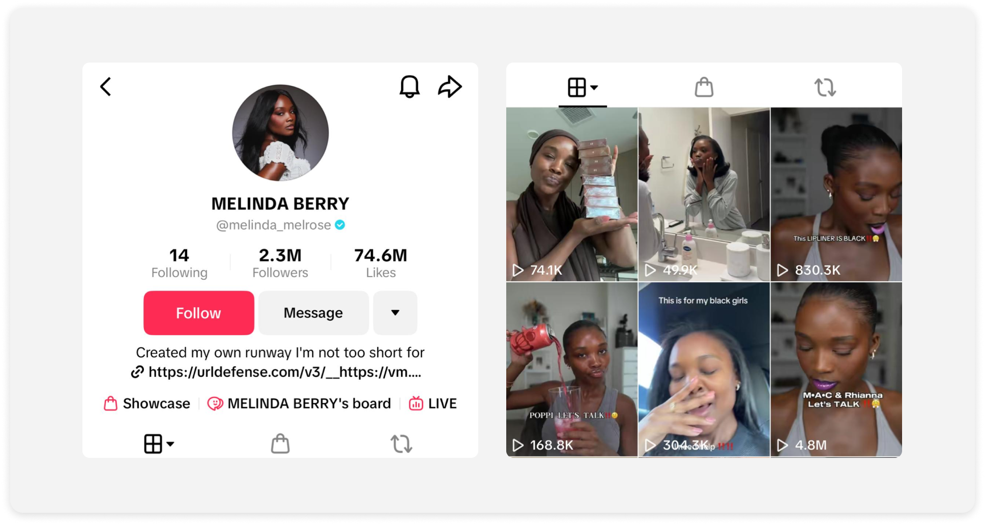 Social media profile of a macro influencer showing a large follower count alongside posts with widely varying view numbers.