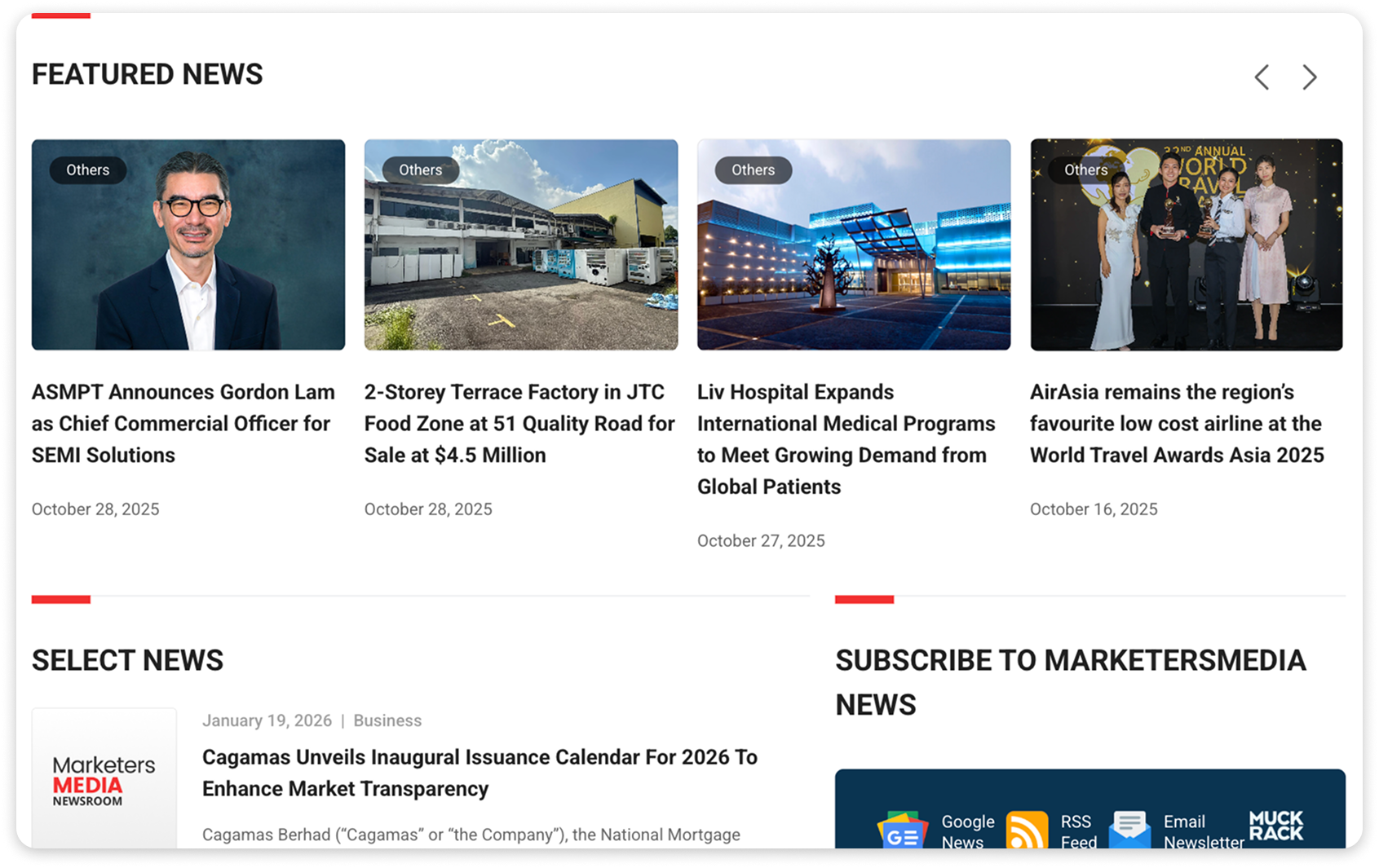 Screenshot of a MarketersMEDIA News homepage showing a “Featured News” section.