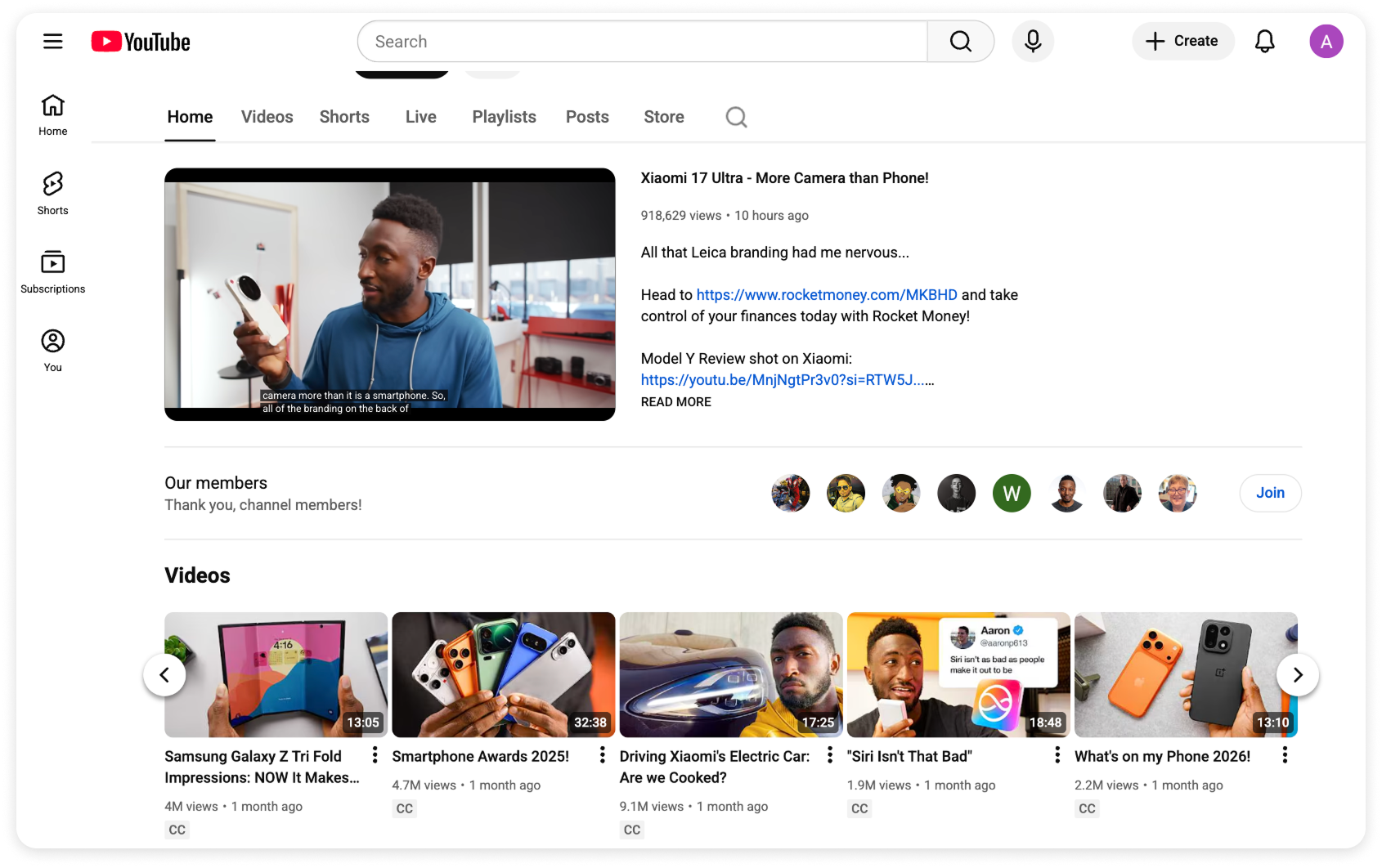 Screenshot of Marques Brownlee’s YouTube channel homepage showing technology review videos with consistently high view counts.