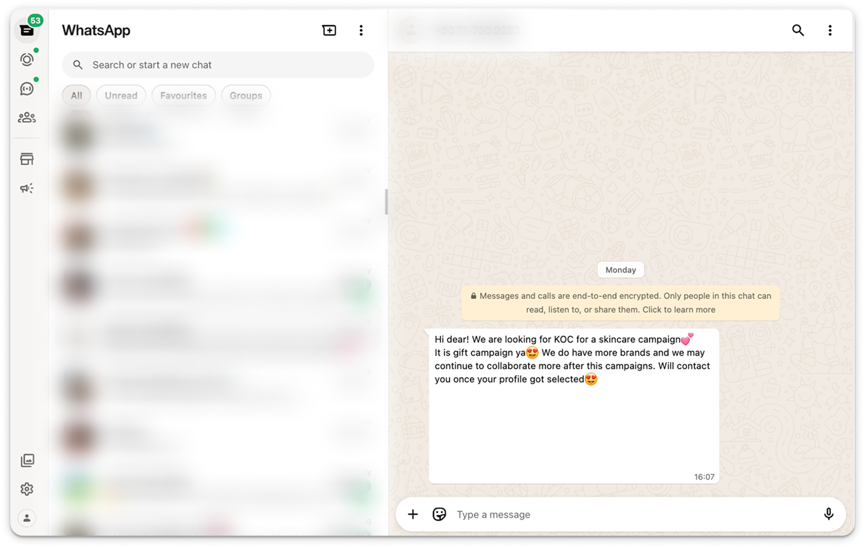 Screenshot of a WhatsApp desktop interface showing a creator outreach message.