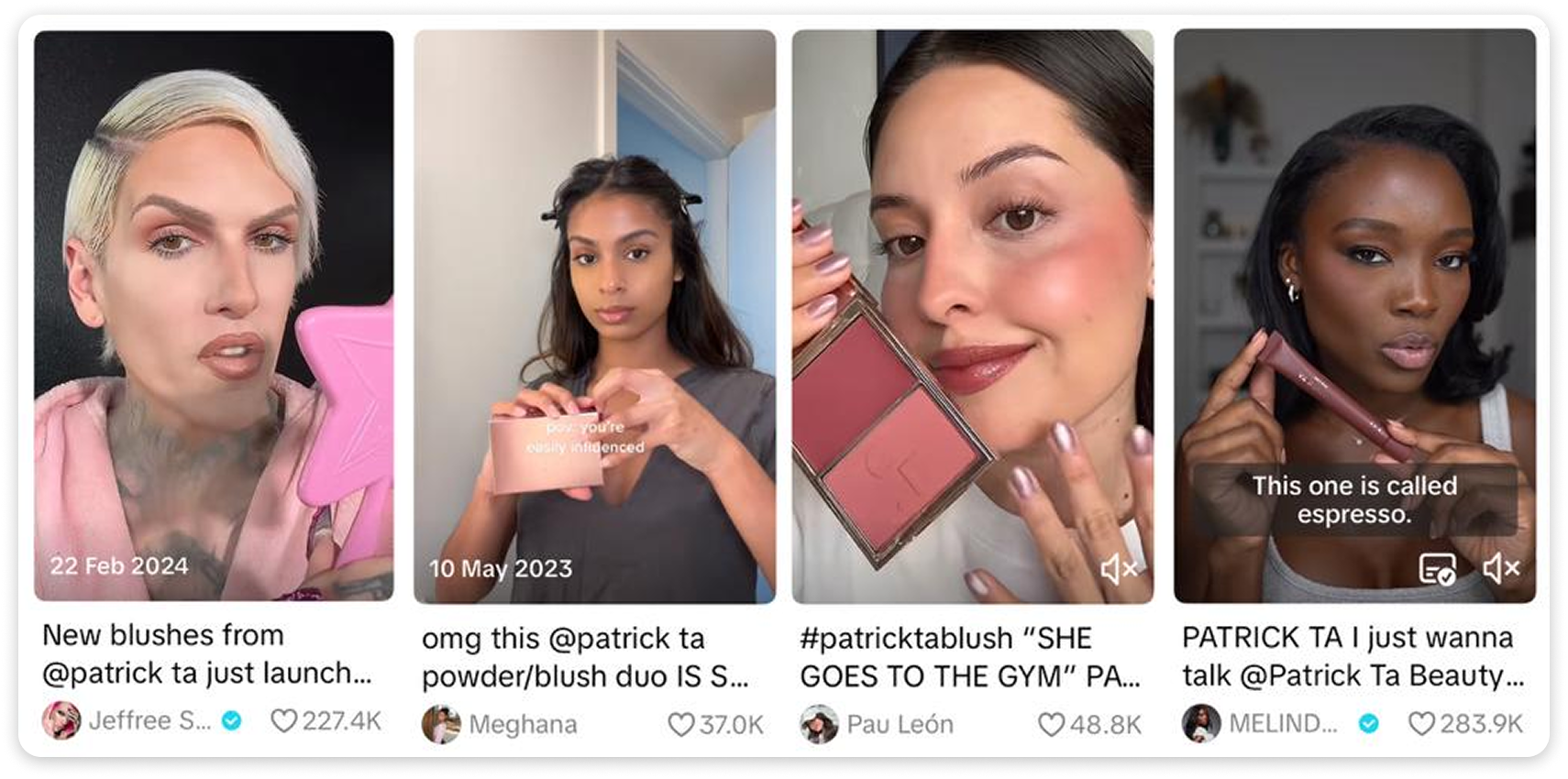 TikTok video showing multiple beauty influencers featuring Patrick Ta makeup products