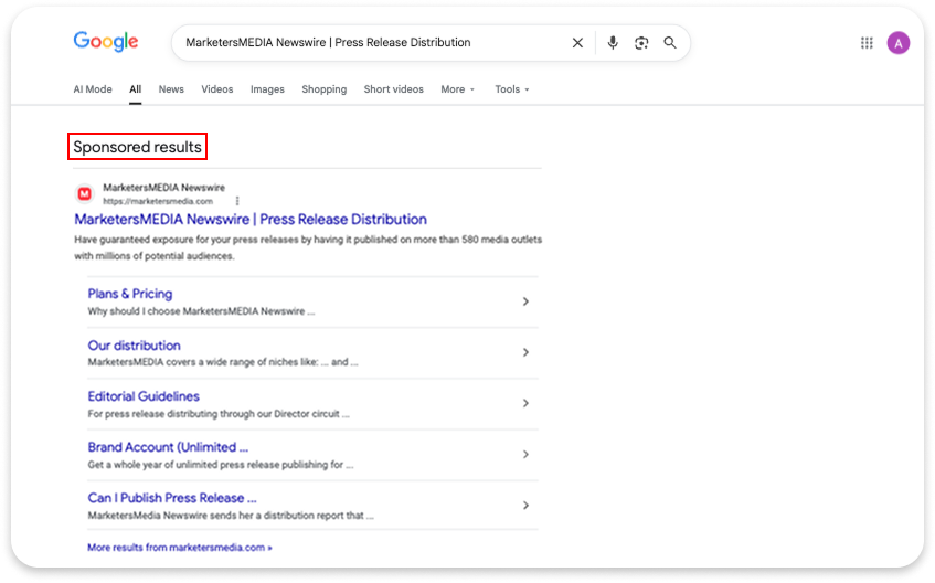 Google search page highlighting a sponsored result at the top of the search results.