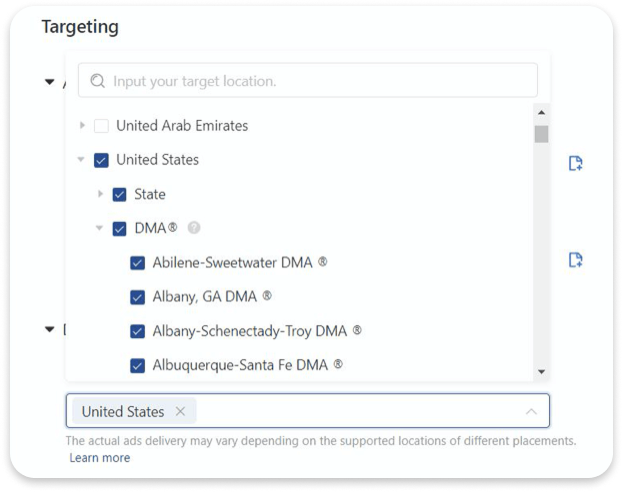 Ad targeting interface showing location targeting options for the United States down to DMA regions.