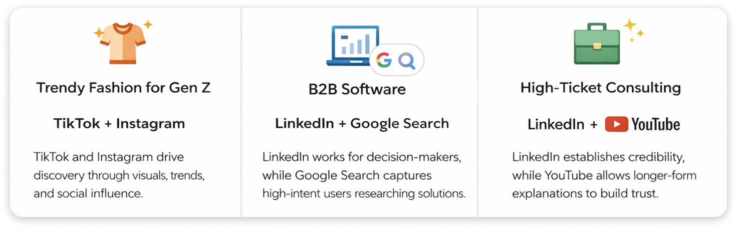 Infographic showing three side-by-side panels that match business types to marketing channels.