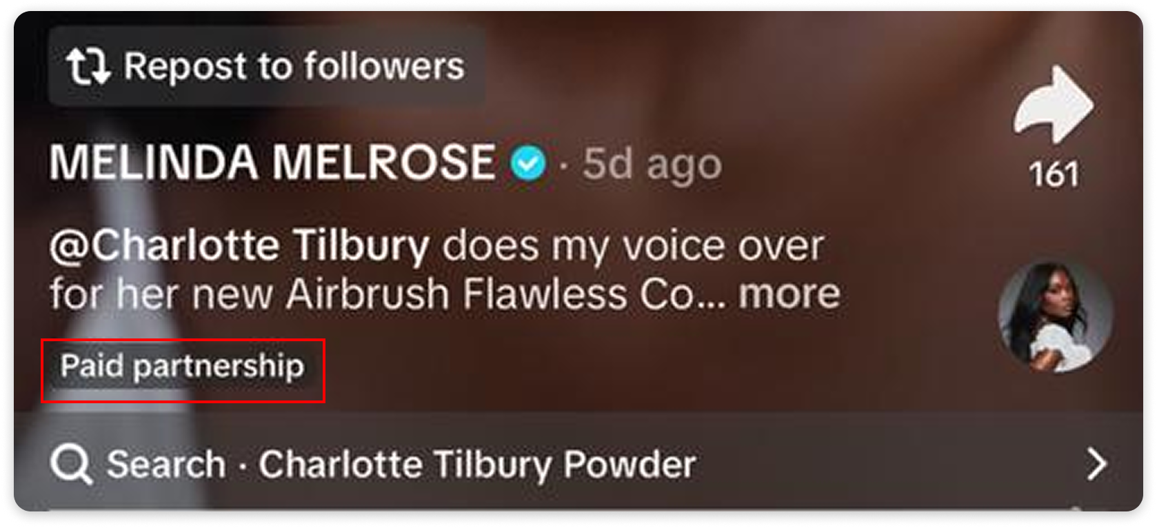Social media post interface showing a verified creator’s post with a visible “Paid partnership” label.