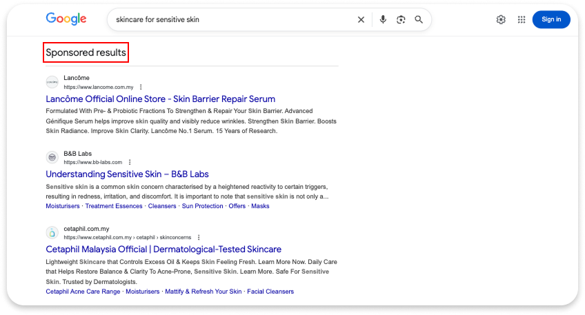Google search results page for “skincare for sensitive skin,” showing sponsored results at the top.