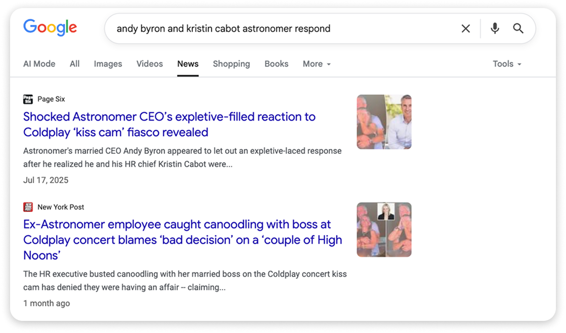 Screenshot of Google News search results related to a viral incident involving Astronomer executives at a Coldplay concert.