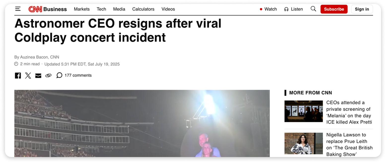 Screenshot of a CNN Business news article reporting the resignation of Astronomer’s CEO after a viral concert incident.