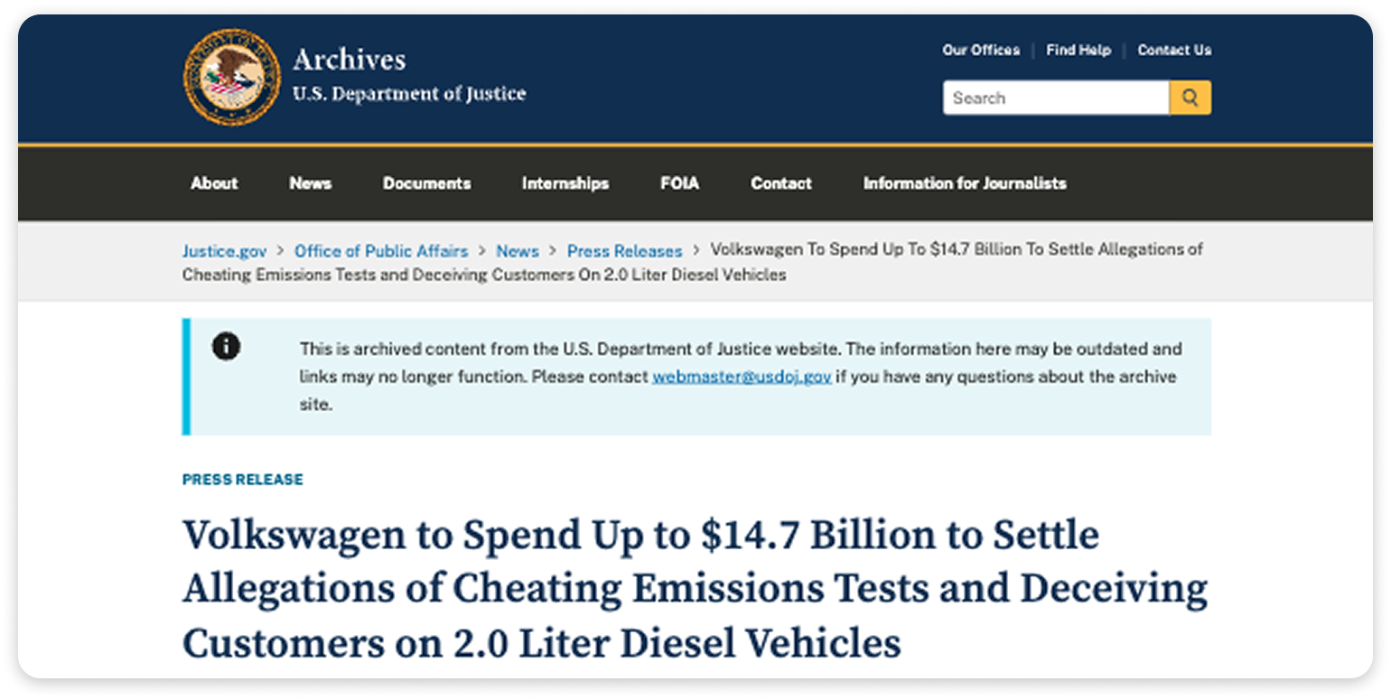 Archived U.S. Department of Justice webpage displaying a press release about Volkswagen agreeing to a $14.7 billion settlement over emissions cheating allegations.