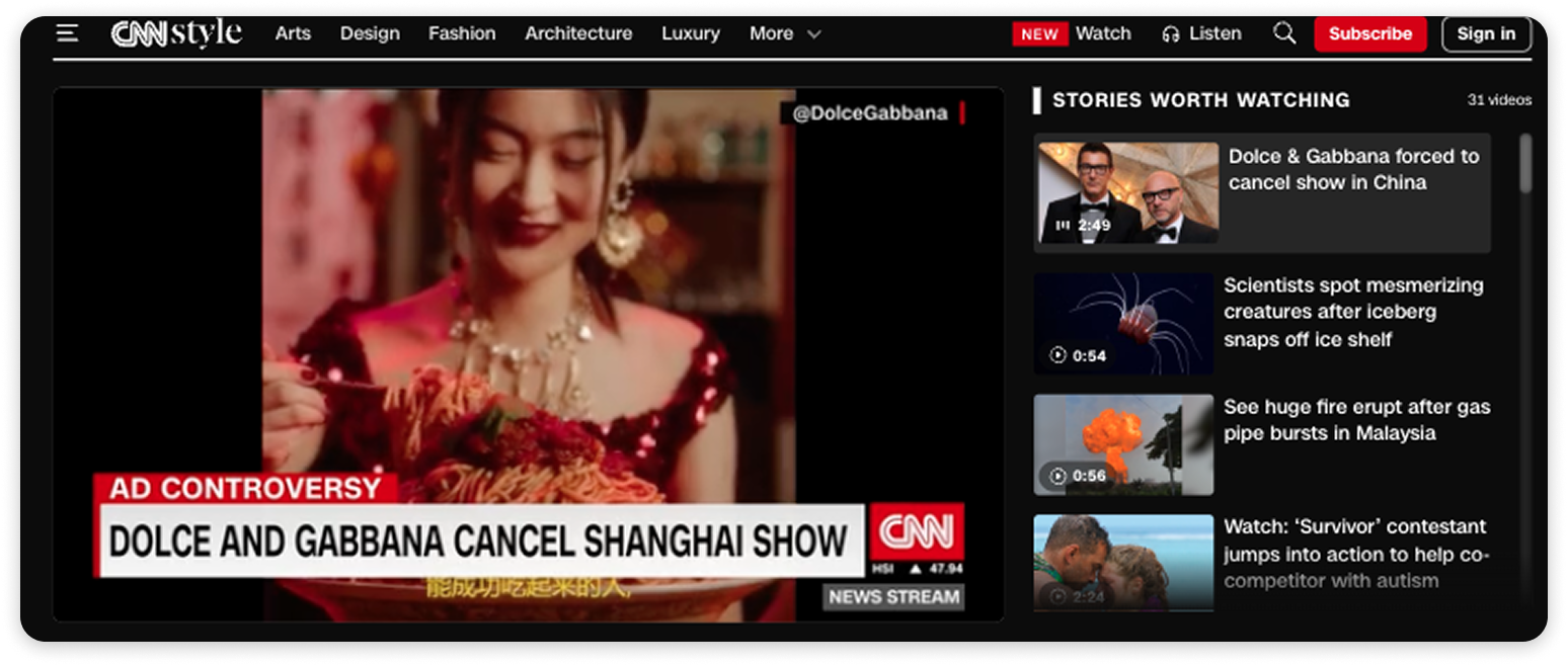 Screenshot of a CNN Style news video about Dolce & Gabbana canceling a Shanghai show.