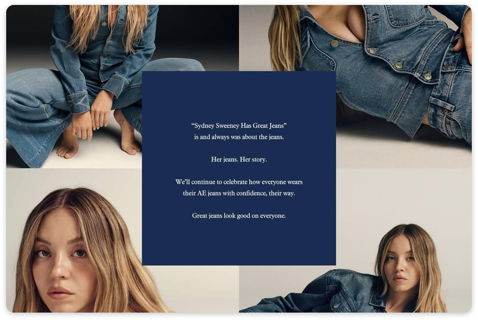 Screenshot of a fashion campaign image featuring a model in denim outfits and a central text statement about the campaign’s message.