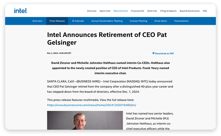An example of a press release announcing CEO retirement