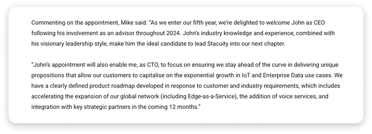 An example of a quote from a new CEO announcement press release