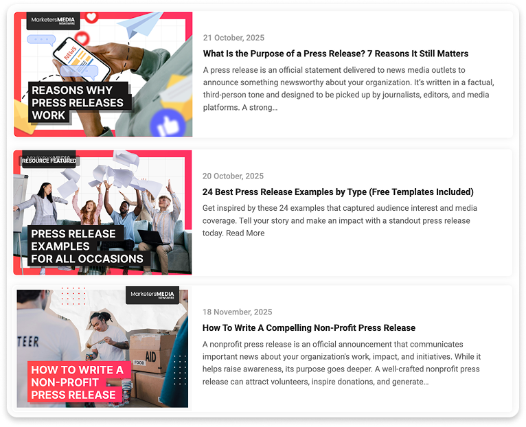 MarketersMEDIA Newswire blog listing featuring articles about press releases, including guides on purpose, examples, and nonprofit press release writing.