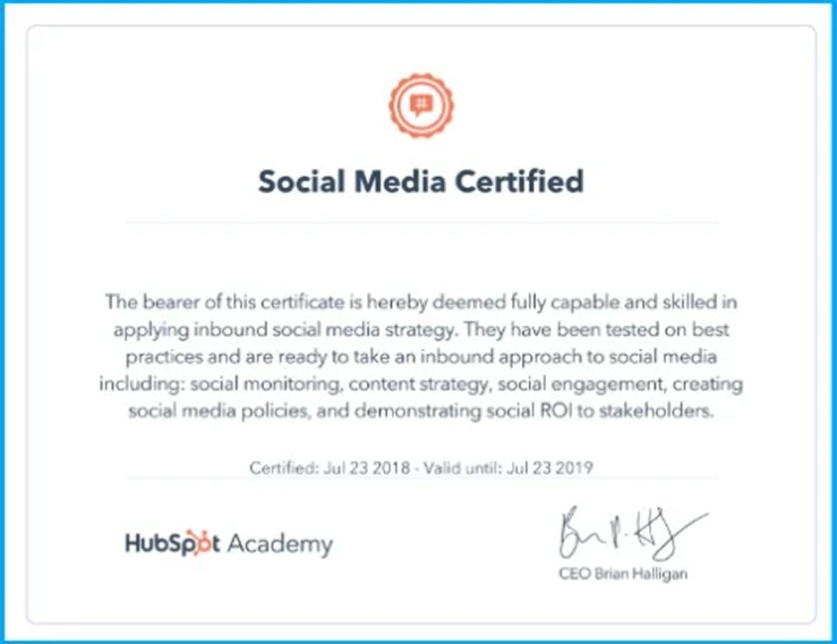 HubSpot Academy Social Media Certified certificate.