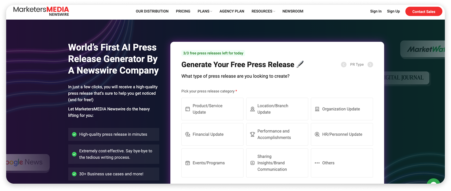 MarketersMEDIA Newswire AI press release generator page showing a form to generate a free press release by selecting press release types.