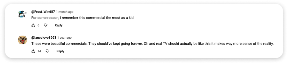 Screenshot of two social media comments praising a commercial, with users saying they remember it from childhood and calling the ads beautiful.