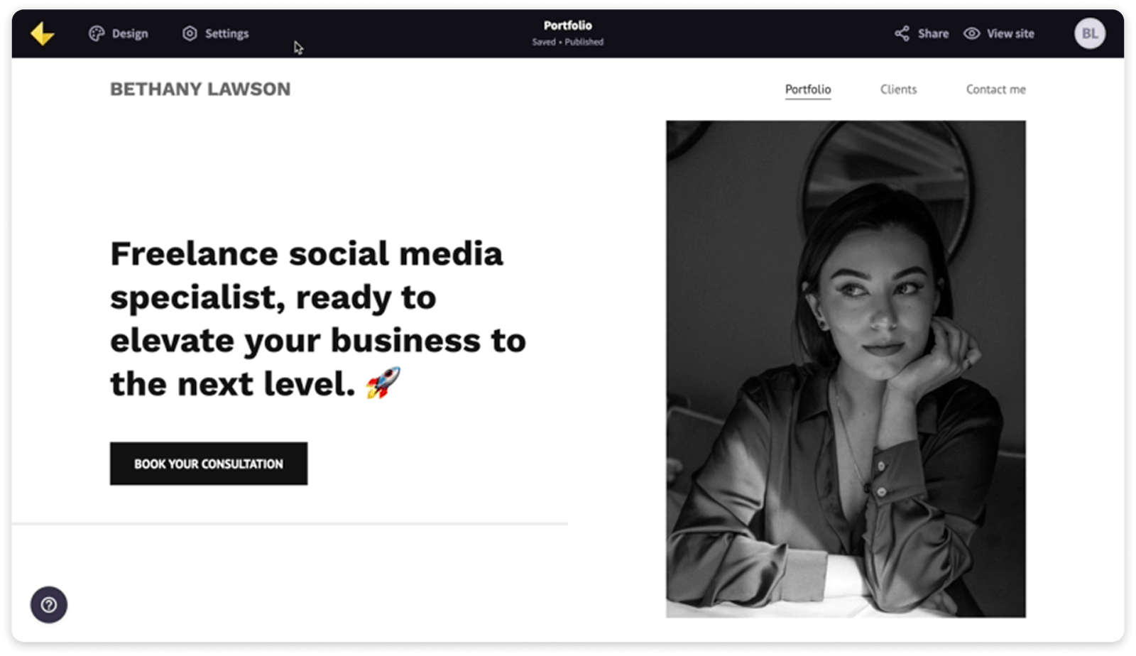 Screenshot of a personal portfolio website for Bethany Lawson, showing a headline about being a freelance social media specialist, a ‘Book your consultation’ button, and a portrait photo on the right.
