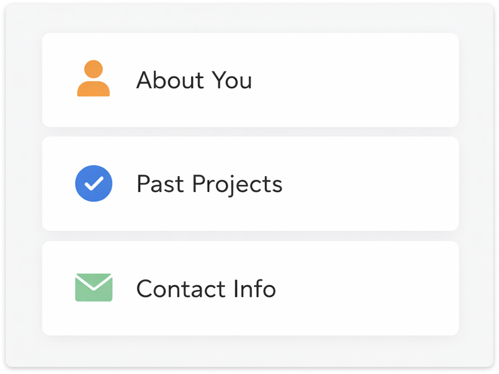 Minimal infographic listing three items for a PR portfolio: About You, Past Projects, and Contact Info.