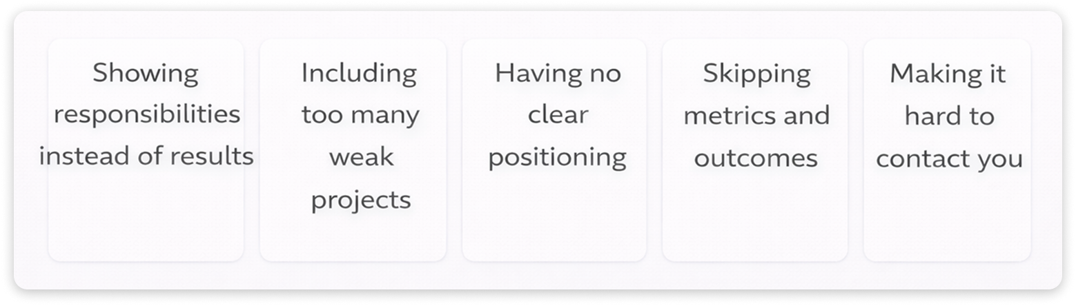 List of five common PR portfolio mistakes.