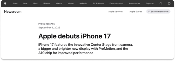 Apple Newsroom page announcing the iPhone 17 launch.