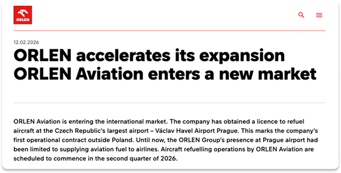 ORLEN press release announcing ORLEN Aviation’s entry into a new market.