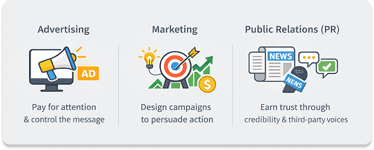 Icons and brief explanation about advertising, marketing and public relations.