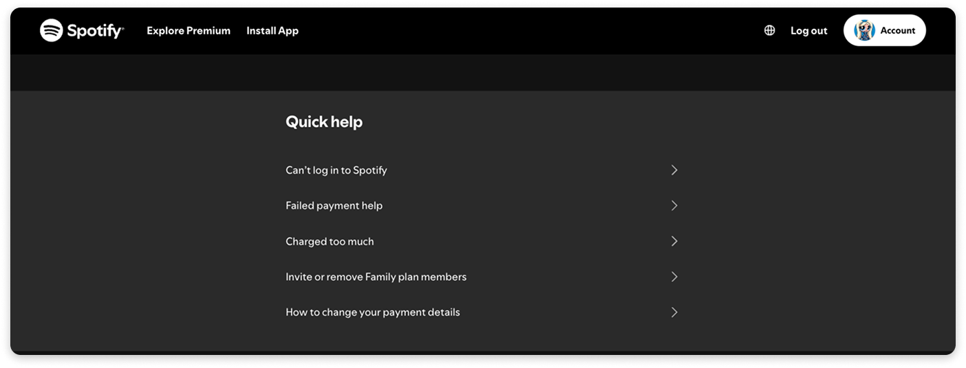Spotify Help Center page with account and billing support options.