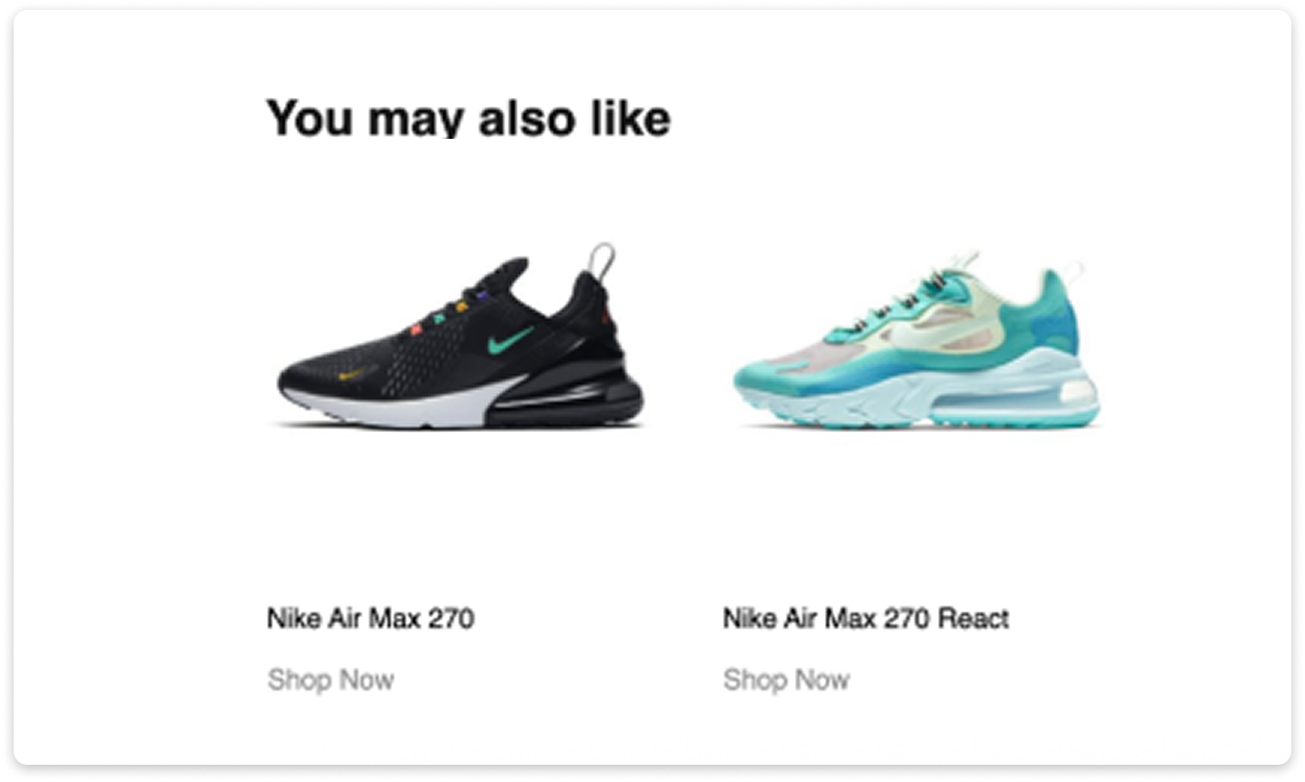 Nike product recommendations showing Air Max 270 and Air Max 270 React.